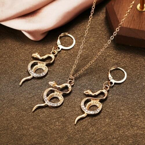 Personality Women Rhinestone Snake-shaped Necklace Earrings Set Jewelry 2021