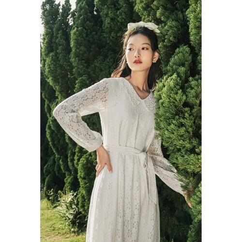 INMAN Spring White Womens Dress Belt Embroidered Hollow Collar Chiffon Splicing Elegant Sweet Fairy Style Long Sleeve Clothing