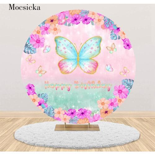 Mocsicka Happy Birthday Round Backdrop Pink Floral Butterfly Baby Birthday Party Photo Background Circle Cover Photography Props