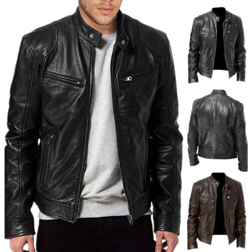 Leather Jacket Mens Zipper Cardigan Jacket Pocket Decoration Waterproof Jacket Motorcycle Jacket