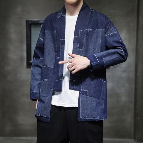 Men Chinese Style Kung Fu Clothes Robes Gown Hanfu Men Cardigan Jacket Fashion Retro Qipao Tops Denim Coats Casual Blouse KK3395