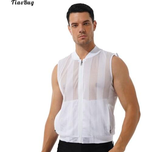 TiaoBug Men See-Through Mesh Sleeveless Sport Jacket Outdoor Golf Fishing Travel Waistcoat Zipper Front Running Vest