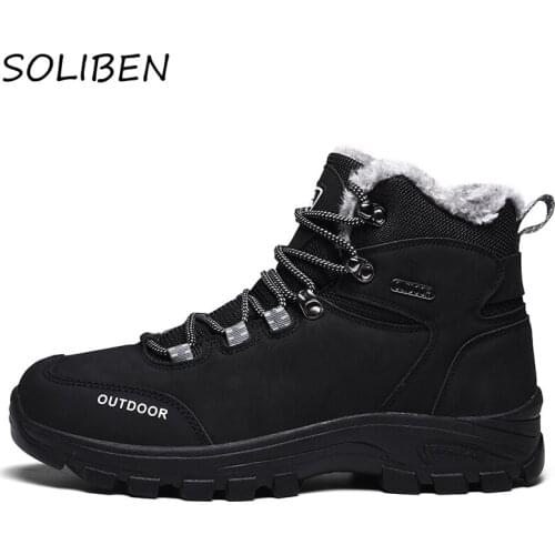 SOLIBEN Winter Men Fashion Snow Boots Warm Plush Mens Boots Leather Ankle Boots Outdoor Non-slip Mens Hiking Boots Sneakers
