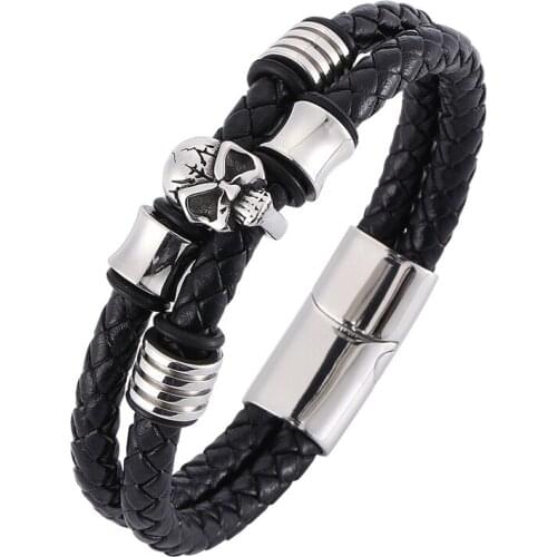 Punk Genuine Leather Skull Men Bracelets & Bangles With Magnetic Clasp Wristband Punk Jewelry Gift BB0333