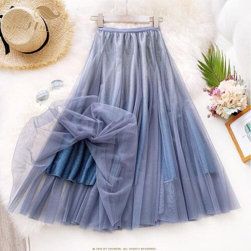 SISHION New Arrival Long Women Skirt WF0049 High Waisted Tulle Gradient Color Black Khaki Green Blue Elegant Ladies Skirt
