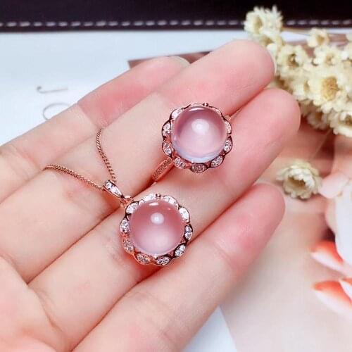 Charming new pink rose quartz gemstone ring necklace jewelry set exquisite silver ornament natural gem classic color girl gift