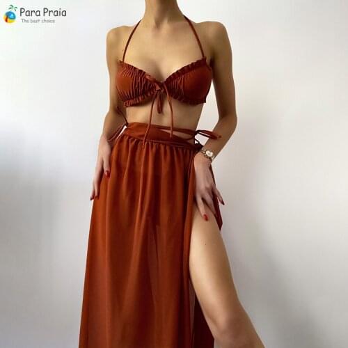 Para Praia 2021 Sexy Three Pieces Bikini With Cover Up Bandage Swimsuit Women Swimwear Brazilian Bikini Bathing Suit Beach Dress