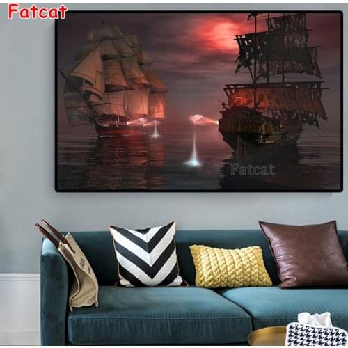 Pirate Ship Marine Sailing Decoration diamond painting handmade Wall Art Caribbean Ghost Ferry Seascape Picture Decor PP1405
