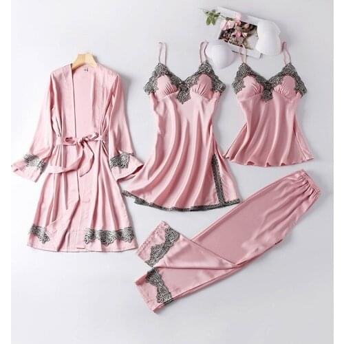 JULYS SONG New 4 Pieces Women Pajamas Sets Faux Silk Pajamas Sleepwear Sets Elegant Sexy Lace Fashion Spring Autumn Homewear