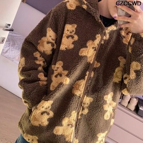Casual Brown Cartoon Bear Lamb Wool Hooded Jacket Tops Winter Clothes Oversized Woman Jackets Cute Korean Womens Coats