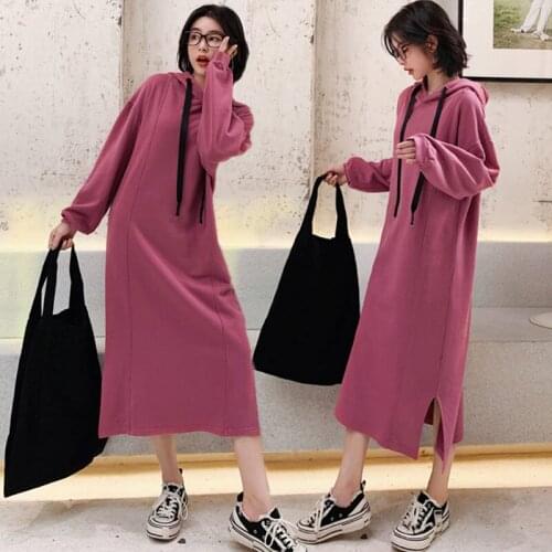 Plus Size Womens Hooded Dress 2020 New Spring Autumn Long-sleeved Long Dress Casual Loose Hooded Sweatshirt Dress Solid K1058