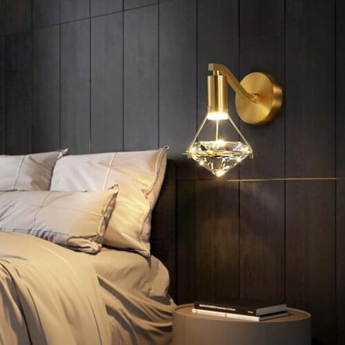Luxury Diamond Crystal Modern Bedside Lamp Aisle Light Background Copper LED Lamp Bathroom Decor Wall Lamps for Living Room