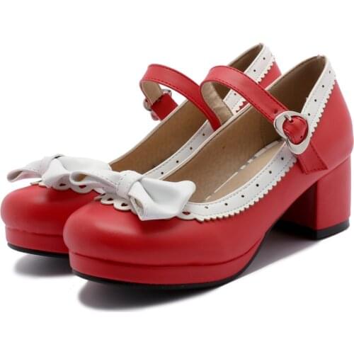 Pink Lolita Shoes Mary Jane Shoes for Women High Heels Platform Pumps Block Heel Cosplay Ladies Shoes Red Black Large Size 42 43