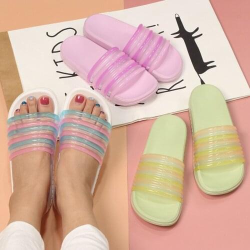 Summer New Couples Jelly Striped Home Slippers Transparent Rainbow Colors Bathroom Slides Women Lovers Indoor Anti-skid Flipflop