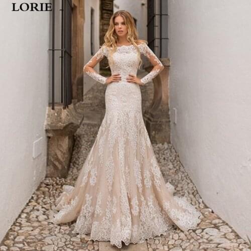 LORIE Champagne Mermaid Wedding Dress Long Sleeve Lace Appliques Detachable Train Wedding Bride Dress Off-Shoulder Wedding Gowns