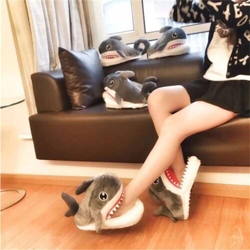 Cute Shark Couple Home Cotton Slippers Womens Non-Slip Animal Plush Cotton Slippers Winter Ladies Fluffy Cartoon House Shoes