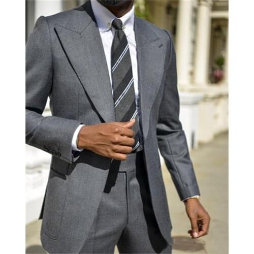 Dark Grey Casual Mens Suits Slim Fit 2 Pieces Formal Occasion Peaked Lapel Coat with Pant Jacket Wedding Tuxedos Groom 2021