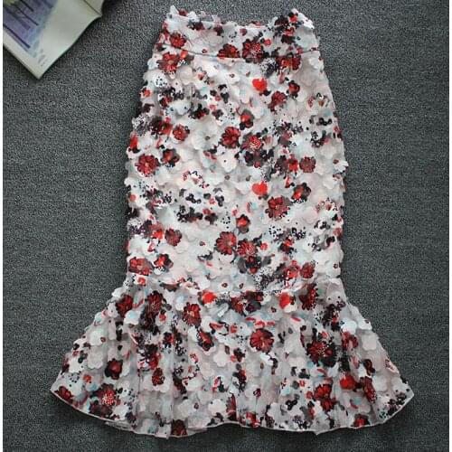 2021 Summer Vintage fine floral embroidery long mermaid skirts women elegant high waist party chiffon skirt