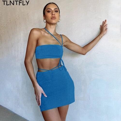 Beach Set Woman Summer Two Pieces Fashion 2021 Tube Top Sexy Suspenders And Skirt Suit Knitted Irregular Shirring Holiday Outfit