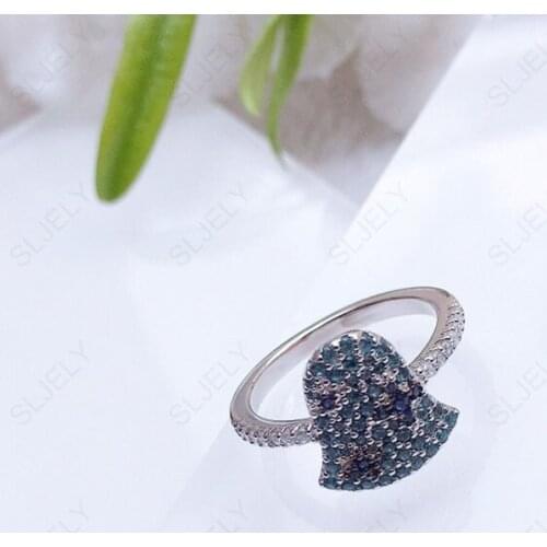 SLJELY Luxury Brand Real 925 Sterling Silver Lagoon & Navy Cubic Zirconia Bell Finger Rings for Women Fashion Fine Jewelry