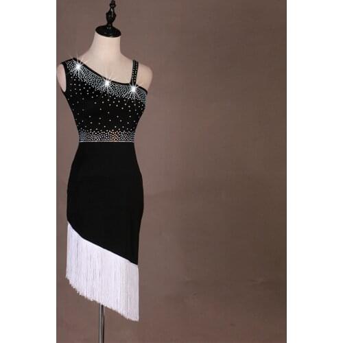 Women Latin Dance Dress Sexy Sleeveless White Fringed Skirt Shining Rumba Samba Dance Dresses Adult Slim Black Dress For Dance