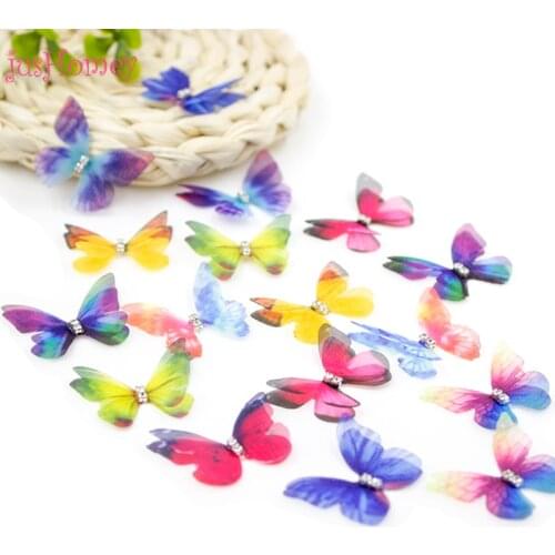 100PCS Double-layered Organza Butterflies 30mm Fabric Butterfly w/ Rhinestone for DIY Jewelry Making, Hair Accessory