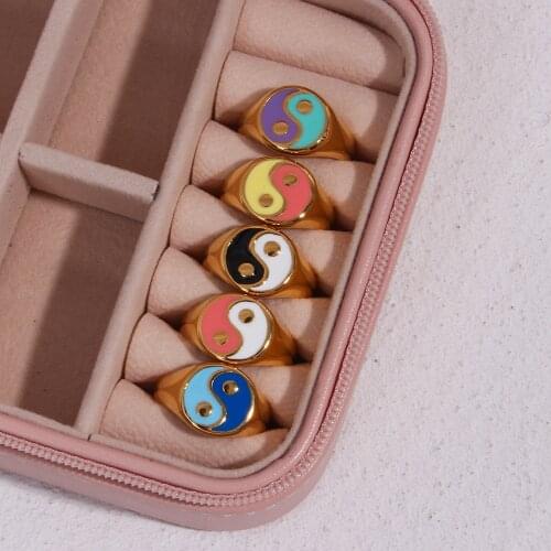 2021 New Summer Hot Red BlueYellow Purple Black White Colorful Balance Rings For Women Stainless Steel Gold Yingyang Ring