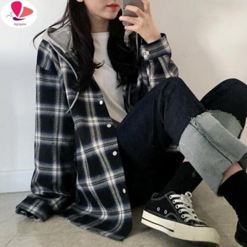 Basic Jackets Women Long Sleeve Plaid Hooded Lace-up Patchwork Womens Outwear Preppy-style Students Ulzzang Casual BF Fashion