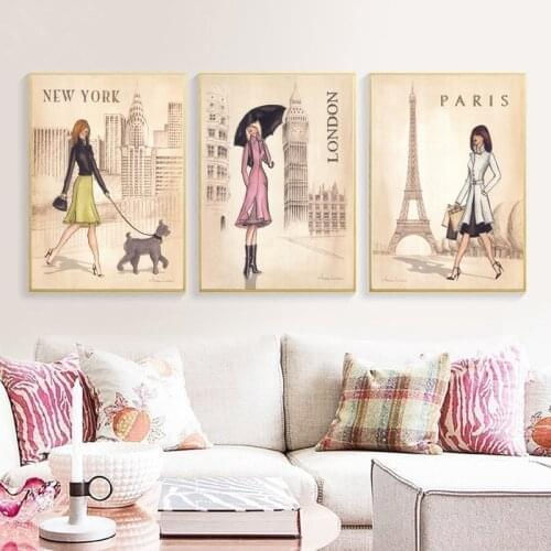 Large Mulit Girls Wall Pictures Fashion Women Travel Famous Building Paintings Classic Canvas Art For Home Bedroom Decor 60x80cm