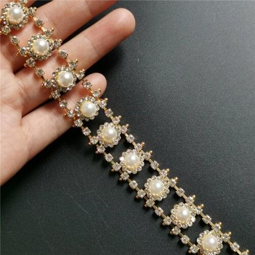 Pearl Crystal Chain Bling Rhinestone Trim Metal Gold Ribbon Necklace Decor Wedding Dress Clothing Bag Shoes Accessorie 2cm Width