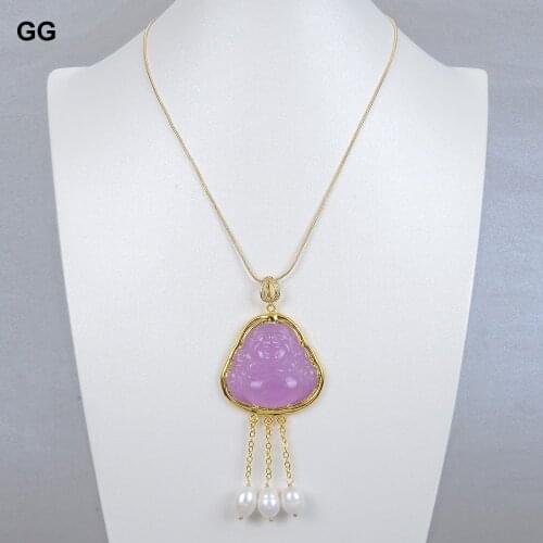GuaiGuai Jewelry Natural White Rice Pearl Purple Jades Buddha Pendant Chain Necklace 17.5'' Religious Style For Women