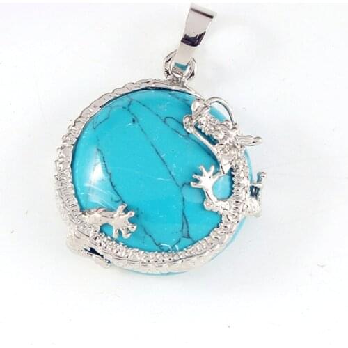 100-Unique Silver Plated Chinese Style Dragon Half Round Bead Pendant Blue Turquoises Stone Jewelry
