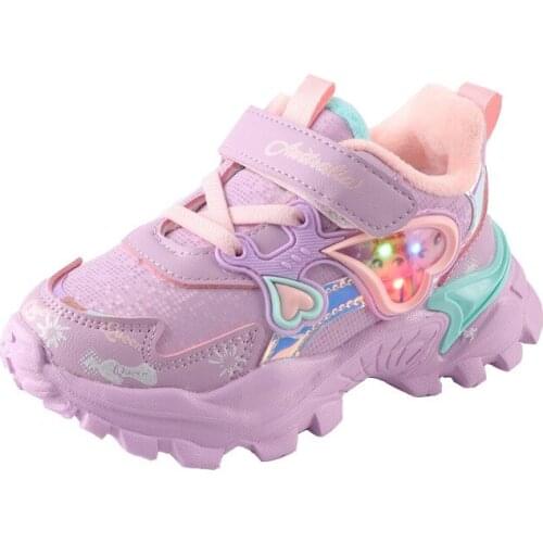 Disney lightweight plus velvet girls sneakers winter new frozen childrens shoes baby shoes leather little girl led light shoes