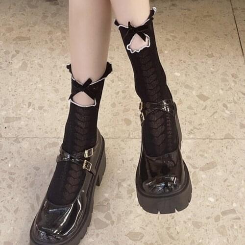 Retro Summer Bow Love Heart Nylon Sock Fashion Girls Versatile Comfortable Hollow Out Socks JK Clothing Accessories