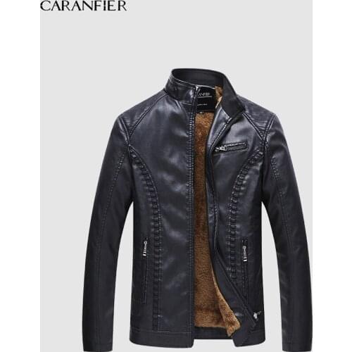 CARANFIER Mens Leather Jackets Business Casual Warm Thicken Coats Motorcycle Zipper Outerwear Stand Collar Large Size Overcoats