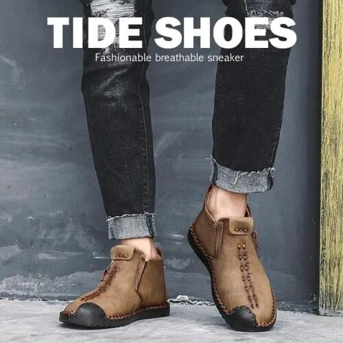 Men Leather Casual Shoes Moccasins Vintage Boots Zipper Opening Medium Loafers Sneakers Black Hombres Plus Size 38-48