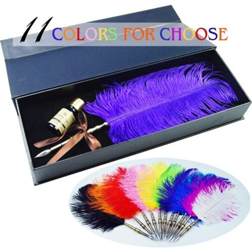 11Colors Ostrich Feather Quill dip Pen Set for Wedding Gift Fountain Pen Signature Pen Birthday Party Gift Home Decoration