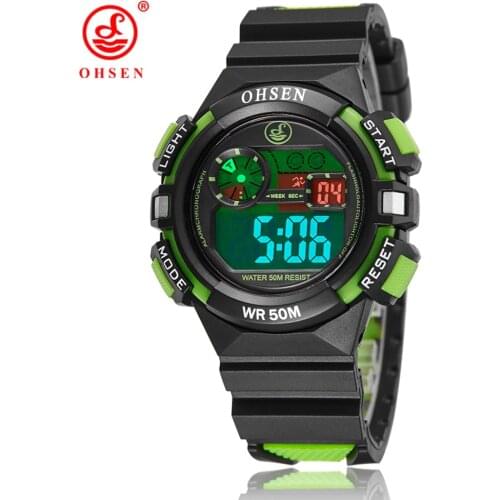 OHSEN Sports Military Kids Digital Watches Student Children Watch Fashion Luminous Led Alarm Green Boy Silicone Clock Stopwatch