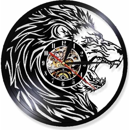 Lion Silhouette Vinyl Record Wall Clock Modern Design Animal Wildlife LED Lighting Clock 12" Hanging Quartz Wall Clock