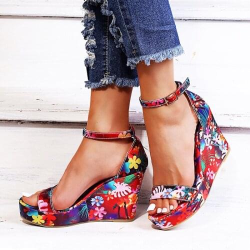 Women Flower Shoes Summer Wedges Platform Sandals Ladies Open Toes Covel Heel Buckle Sandal 2021 Fashion Female Zapatos De Mujer