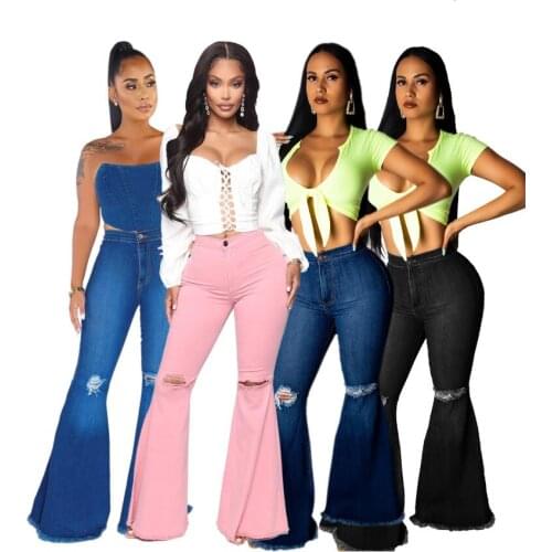 Sexy Flare-Leg Jeans Women Blue High Waist Hole Bell Bottom Ripped For Denim Skinny Mom Wide Leg Pants S-3XL