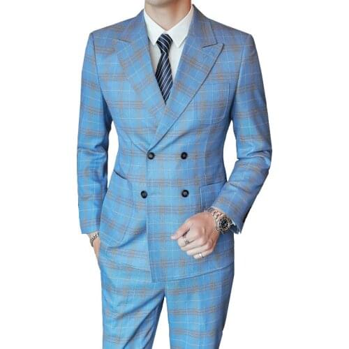 Light Blue Three Piece Set Men Plaid Slim Double Breasted Suit Coat Pants Vest High End Large Size S-5XL Blazer Jacket Business