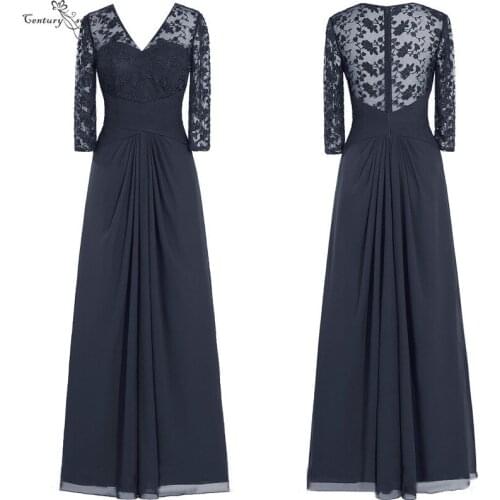 Navy Blue Plus Size Mother of The Bride Dresses Long Sleeves Floor Length Lace Appliques Chiffon Mother Formal Party Gowns Cheap