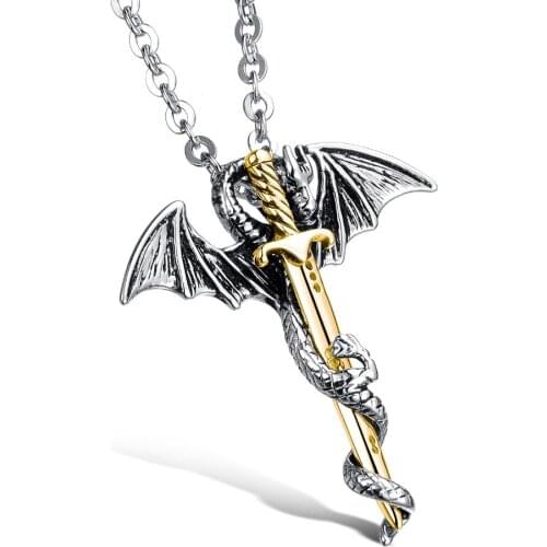 Vintage Punk Dragon and sword Pendant Necklace For Rock Men Fashion Stainless Steel Male Jewelry boy Gift