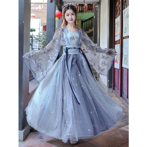 Embroidery chinese Hanfu Women Blue Classical Dance Costume Singer Festival Outfit Fairy Dress Rave Cosplay hanfu dress