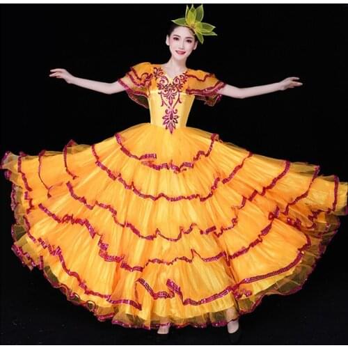 New Elegant Modern Dance Competition Dress Flamenco Dance Big Swing Yellow Dress For Women Female Performance Long Skirt VO1055