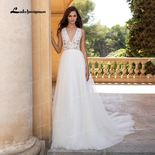 2021 New Summer Beach Wedding Dress V-neck White Open Back Boho A-line Wedding Dresses Vestige De Noiva Sleeveless Long Train