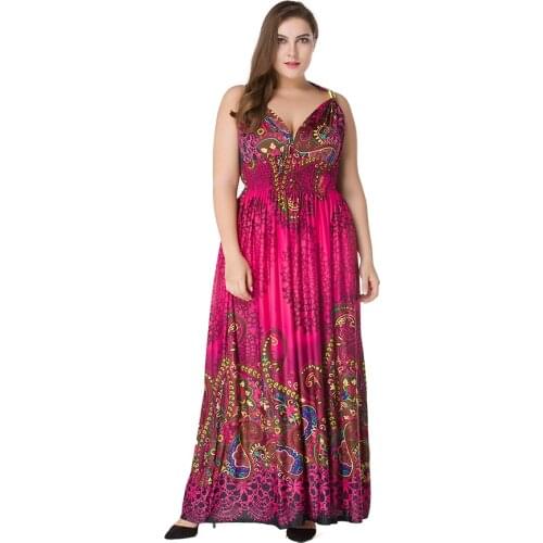 Plus Size Women Red Print Beach Dress Summer V-Neck Bohemian Floor Length Long Maxi Dress