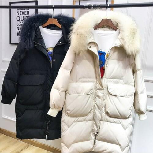 2019 new style Korean version light down jacket thickened long style women coat loose raccoon fur collar winter lady clothes