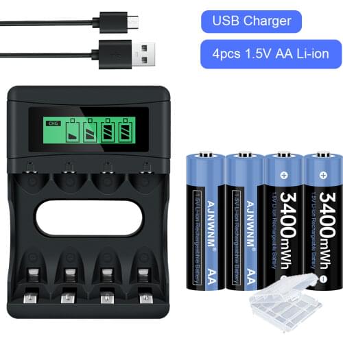 AA Rechargeable Battery 3400mWh 1.5v AA Li-ion Lithium Battery with LCD Charger for 1.5v Li-ion AA AAA Rechargeable battery AA